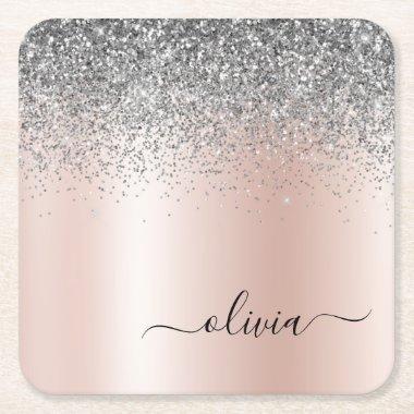 Rose Gold - Blush Pink Silver Glitter Monogram Square Paper Coaster