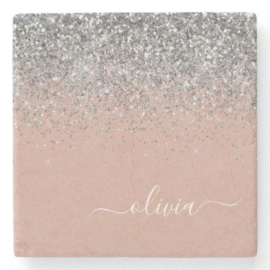 Rose Gold Blush Pink Silver Glitter Monogram Stone Coaster