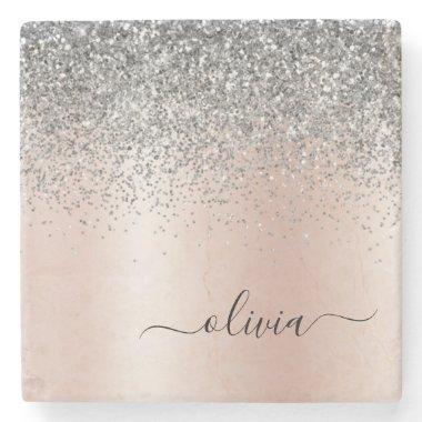 Rose Gold - Blush Pink Silver Glitter Monogram Stone Coaster