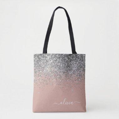 Rose Gold Blush Pink Silver Glitter Monogram Tote Bag