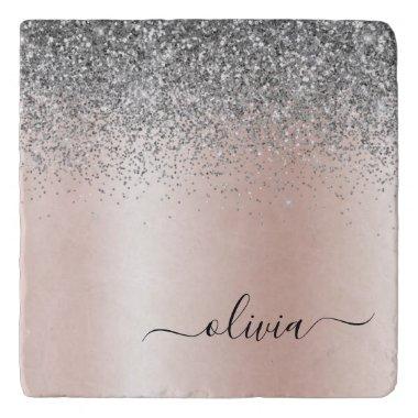 Rose Gold - Blush Pink Silver Glitter Monogram Trivet