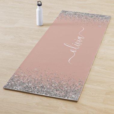 Rose Gold Blush Pink Silver Glitter Monogram Yoga Mat