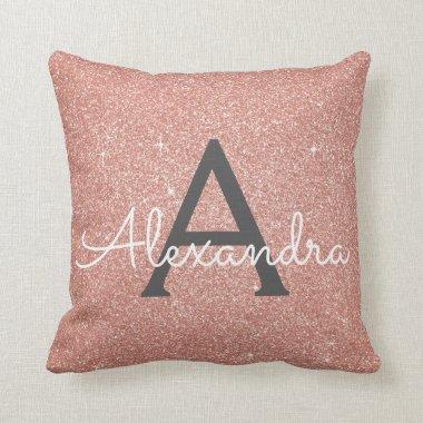 Rose Gold - Blush Pink Sparkle Glitter Monogram Throw Pillow