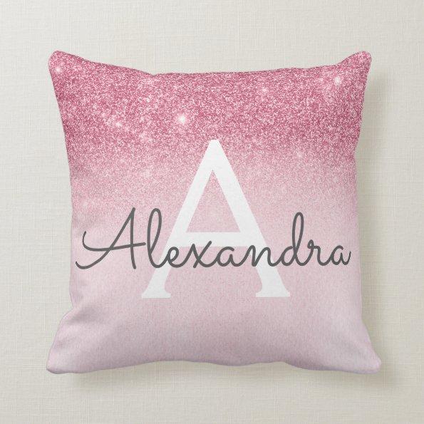 Rose Gold - Blush Pink Sparkle Glitter Monogram Throw Pillow