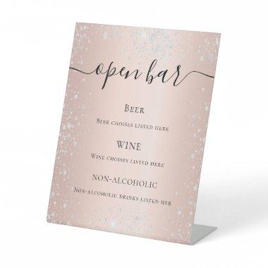 Rose gold blush silver glitter script bar menu pedestal sign