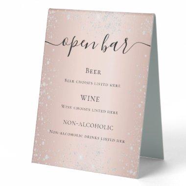 Rose gold blush silver glitter script bar menu table tent sign