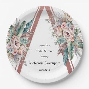 Rose Gold Boho Floral Triangle Bridal Shower Paper Plates