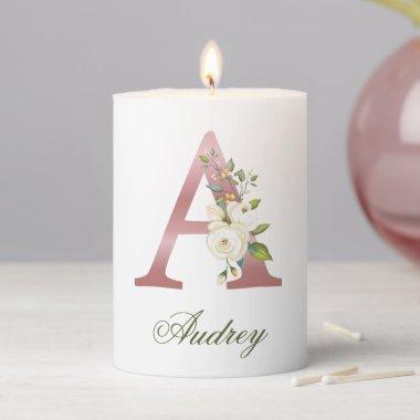 Rose Gold Boho Greenery Foliage Letter A Monogram Pillar Candle