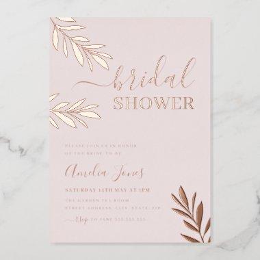 Rose Gold Boho Leaf Bridal Shower Foil Invitations