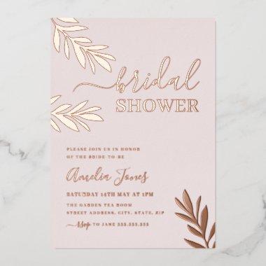 Rose Gold Boho Leaf Bridal Shower Foil Invitations