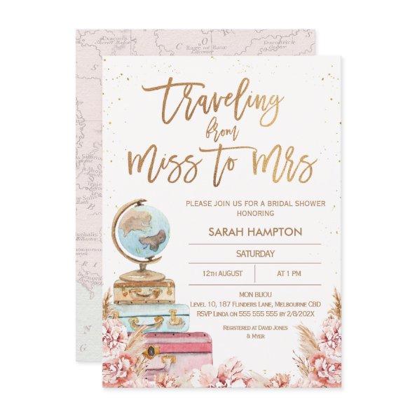 Rose Gold Boho Traveling Miss to Mrs Bridal Shower Invitations