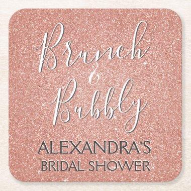 Rose Gold Brunch & Bubbly Bridal Shower Square Paper Coaster