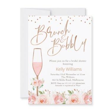 Rose Gold Brunch Bubbly Floral Bridal Shower Invitations