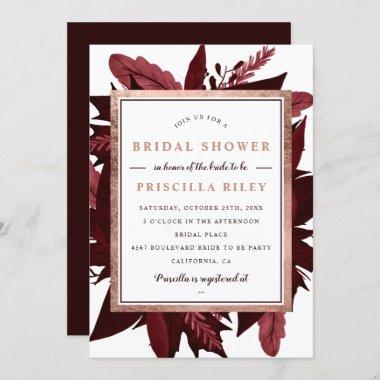 Rose gold burgundy watercolo floral bridal shower Invitations