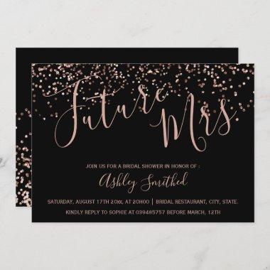 Rose gold confetti black Mrs bridal shower Invitations