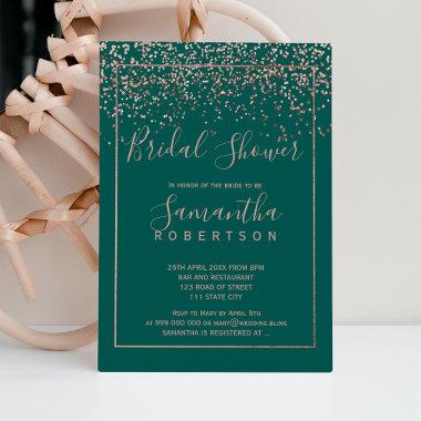 Rose gold confetti green script bridal shower Invitations