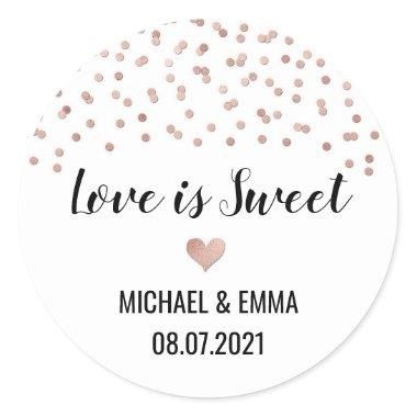 Rose Gold Confetti Heart Love is Sweet Classic Round Sticker