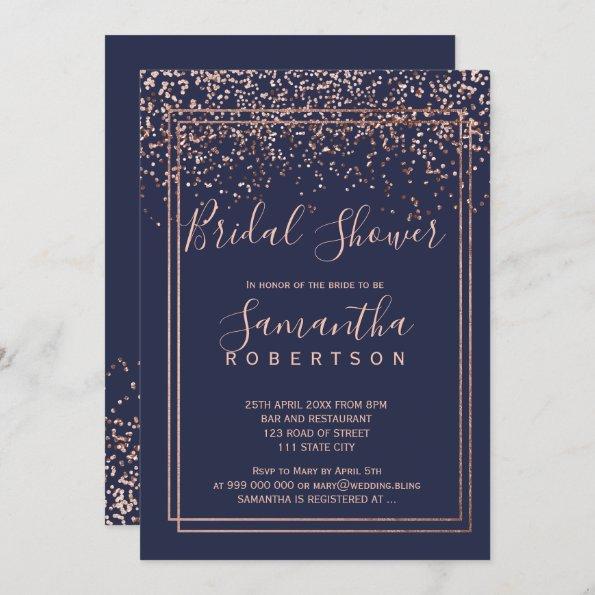 Rose gold confetti navy blue border bridal shower Invitations