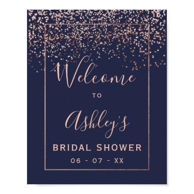 Rose gold confetti navy blue bridal shower welcome poster