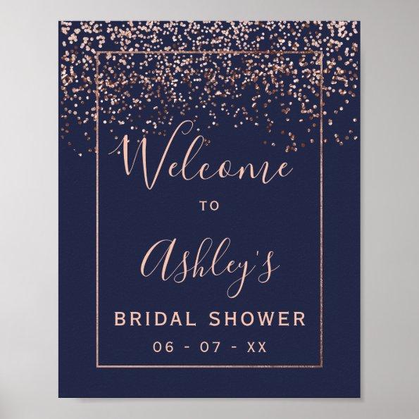 Rose gold confetti navy blue bridal shower welcome poster