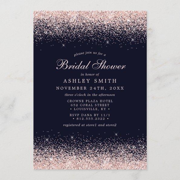 Rose Gold Confetti Navy Blue Modern Bridal Shower Invitations