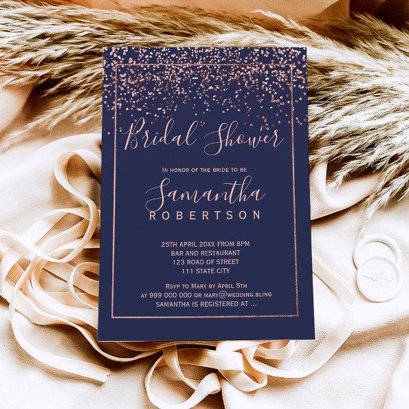 Rose gold confetti navy blue script bridal shower Invitations