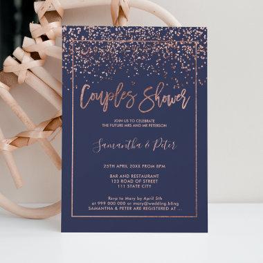 Rose gold confetti navy blue script couples shower Invitations