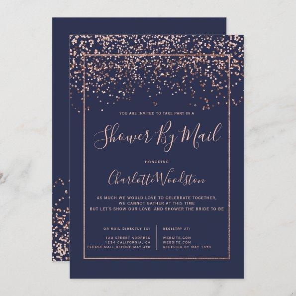 Rose gold confetti navy bridal shower by mail Invitations