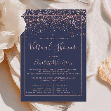 Rose gold confetti navy bridal virtual shower Invitations