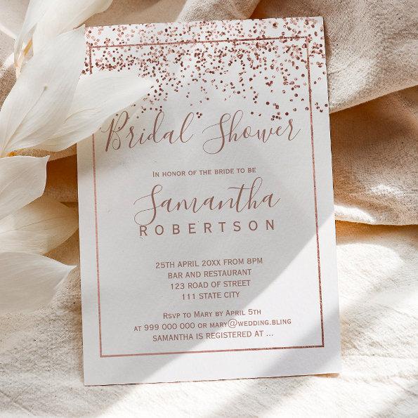 Rose gold confetti white script bridal shower Invitations