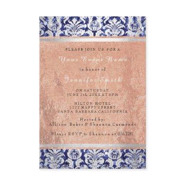 Rose Gold Copper Silver Blue Damask Bridal 16th Invitations