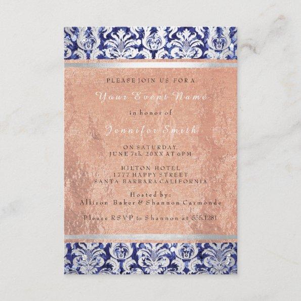 Rose Gold Copper Silver Blue Damask Bridal 16th Invitations