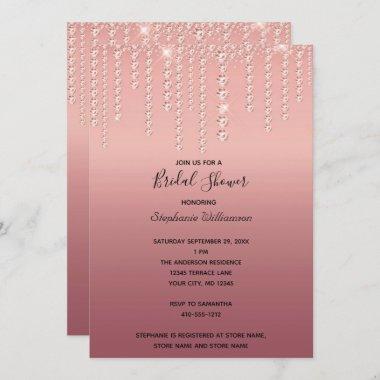 Rose Gold Diamonds Dripping Trendy Bridal Shower Invitations
