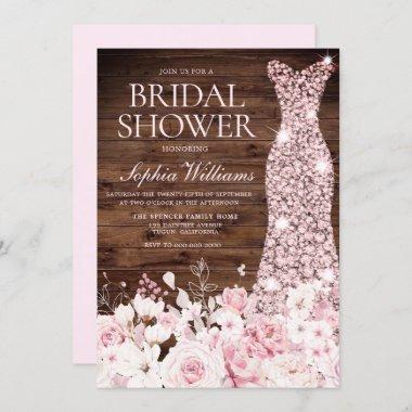 Rose Gold Dress Blush Flowers Rustic Bridal Shower Invitations