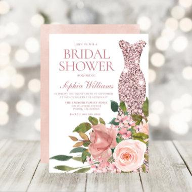 Rose Gold Dress & Blush Pink Flowers Bridal Shower Invitations