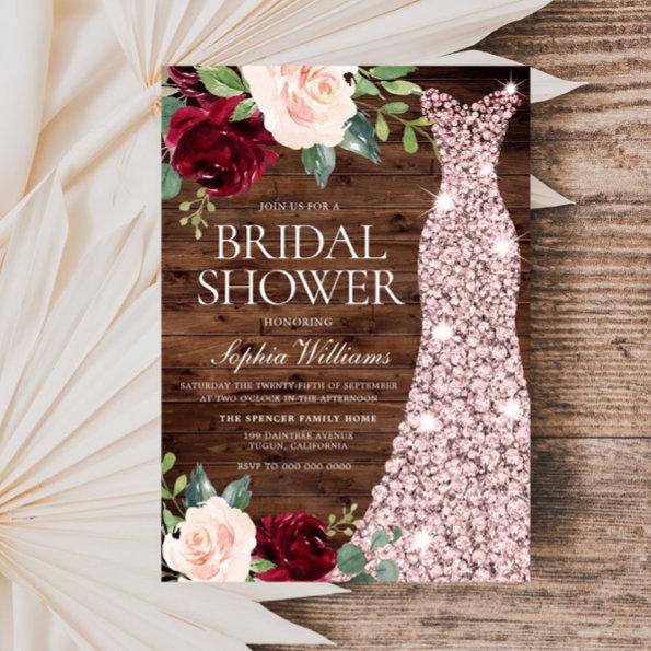 Rose Gold Dress Blush Red Rustic Bridal Shower Invitations