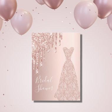 Rose gold dress glitter drips bridal shower Invitations