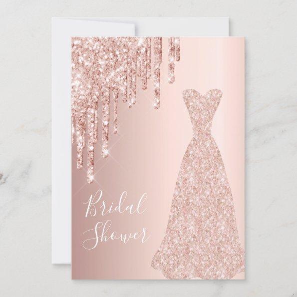 Rose gold dress glitter drips glam bridal shower Invitations
