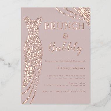 Rose Gold Dress Pink Bridal Shower Brunch & Bubbly Foil Invitations