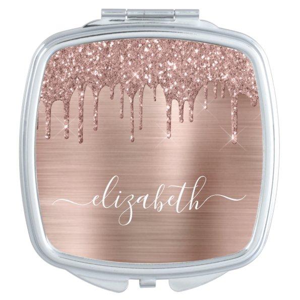 Rose Gold Dripping Glitter Personalized Compact Mirror