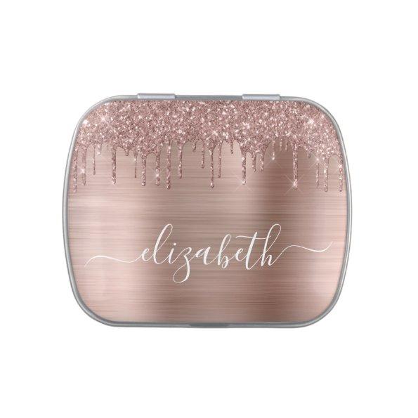 Rose Gold Dripping Glitter Personalized Favor Candy Tin
