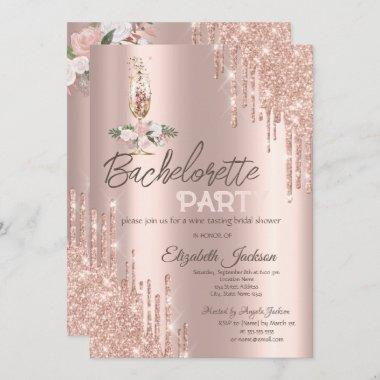 Rose Gold Drips Flowers,Glass Bachelorette Party Invitations