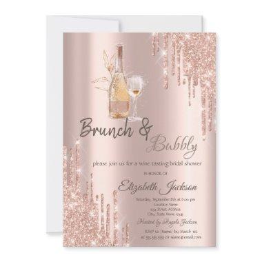 Rose Gold Drips Wine Glass Brunch & Bubbly Invitations