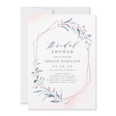 Rose Gold Dusty Blue Greenery Bridal Shower Invitations