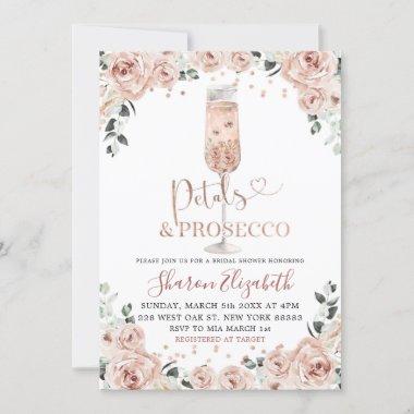 Rose Gold Dusty Petals and Prosecco Bridal Shower Invitations