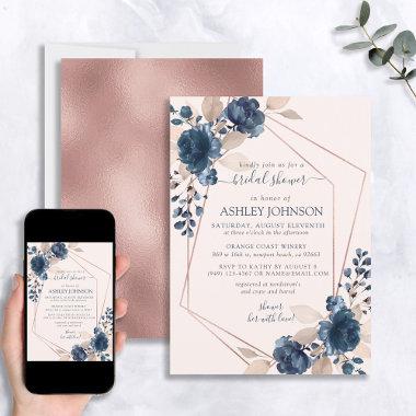 Rose Gold Dusty Pink Navy Floral Bridal Shower Invitations