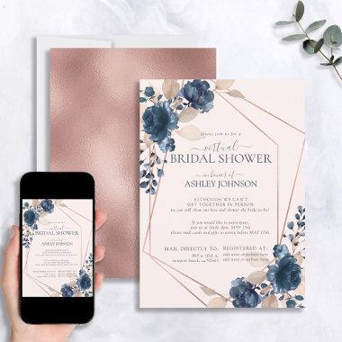Rose Gold Dusty Pink Navy Floral Virtual Shower Invitations