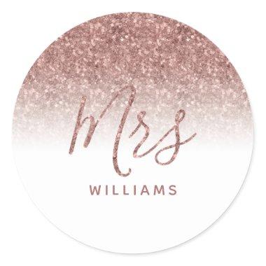 Rose Gold Faux Glitter New Mrs Newlywed Wife Pink Classic Round Sticker