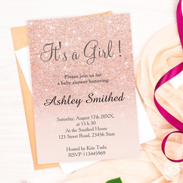 Rose gold faux glitter pink ombre girl baby shower Invitations