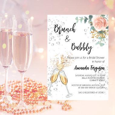 Rose Gold Floral Brunch Bubbly Bridal Shower Invitations